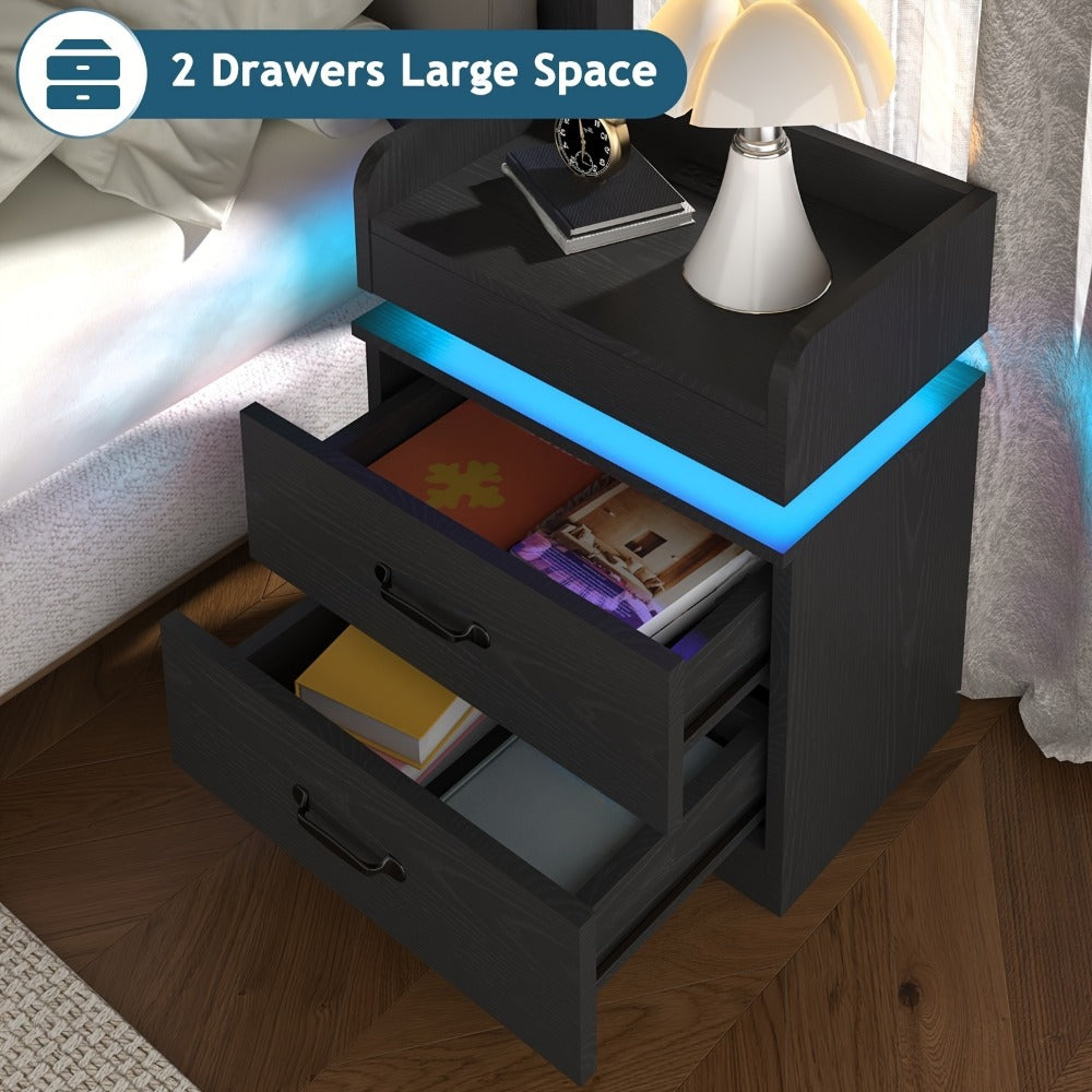 Smart LED Nightstand with Charging Station – Narrow Bedside Table 2 Drawers, Entryway Side Table, Black White, 1pc or 2pcs Set for Bedroom Living Room
