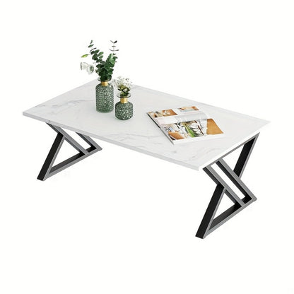 Faux Marble Coffee Table Rectangular with Sturdy Metal Frame, Modern Industrial Center Table for Living Room Bedroom Home Office