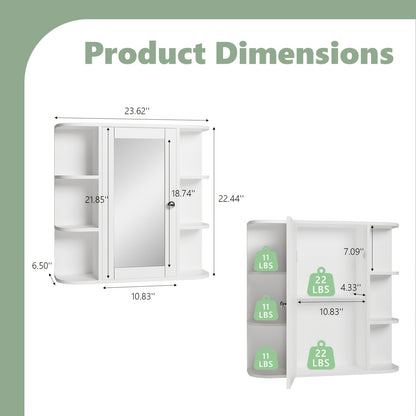 Wall-Mounted Bathroom Mirror Cabinet Featuring a Medicine Cabinet with Six Side-Opening Shelves, Finished in White