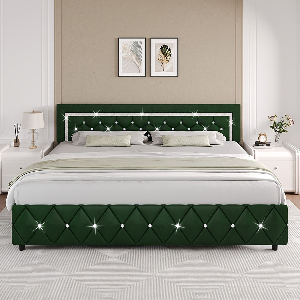 Upholstered Platform Bed Frame with Button-Tufted Diamond Headboard – Wooden Slats, No Box Spring Needed, Twin Full Queen King, Black White Pink Green Gray Beige