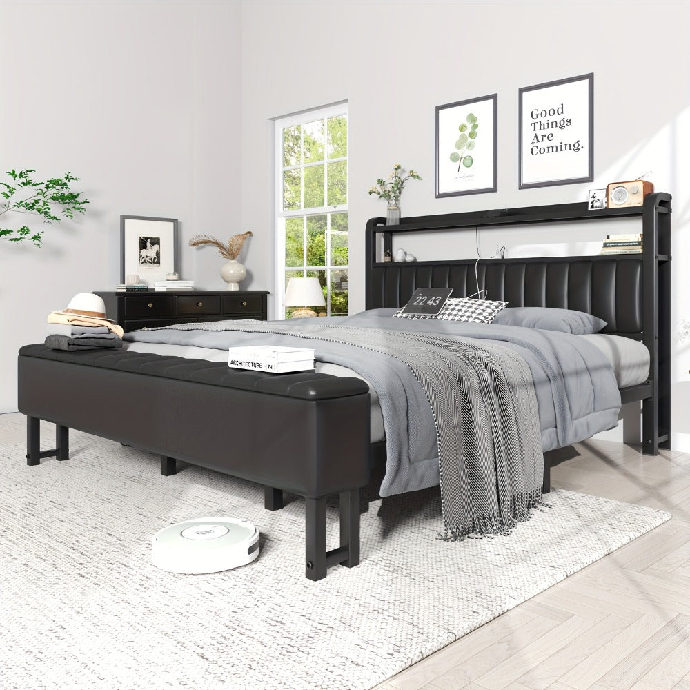 Metal Platform Bed with Starry Sky LED Lighting Storage Ottoman Upholstered Headboard Reinforced Legs Easy Assembly Bedroom Furniture