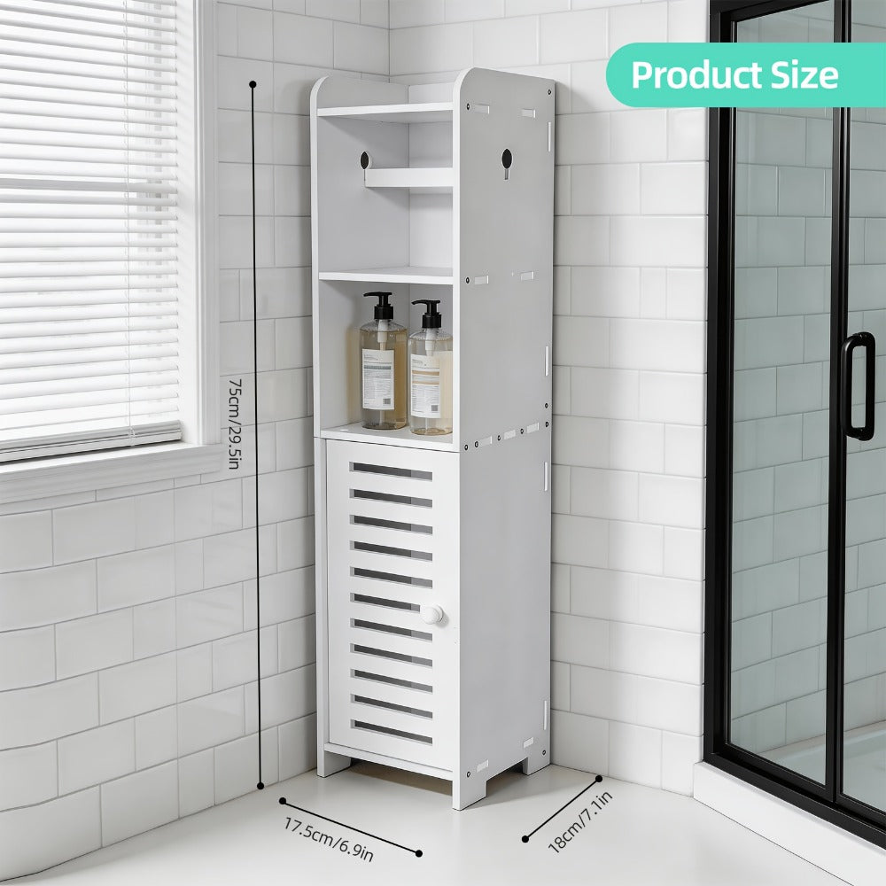 White Freestanding Bathroom Cabinet Multi-Tier Storage Shelf with Door, Moisture & Dust Proof Wood-Plastic Material for Small Spaces, Toilet Paper, Towels & Toiletries