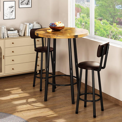 3-Piece Pub Dining Set for 2, Rustic Brown Counter Height Table with Wood Top and 2 Stools, Small Kitchen Table Set for Breakfast Nook, Apartment, Living Room or Bar