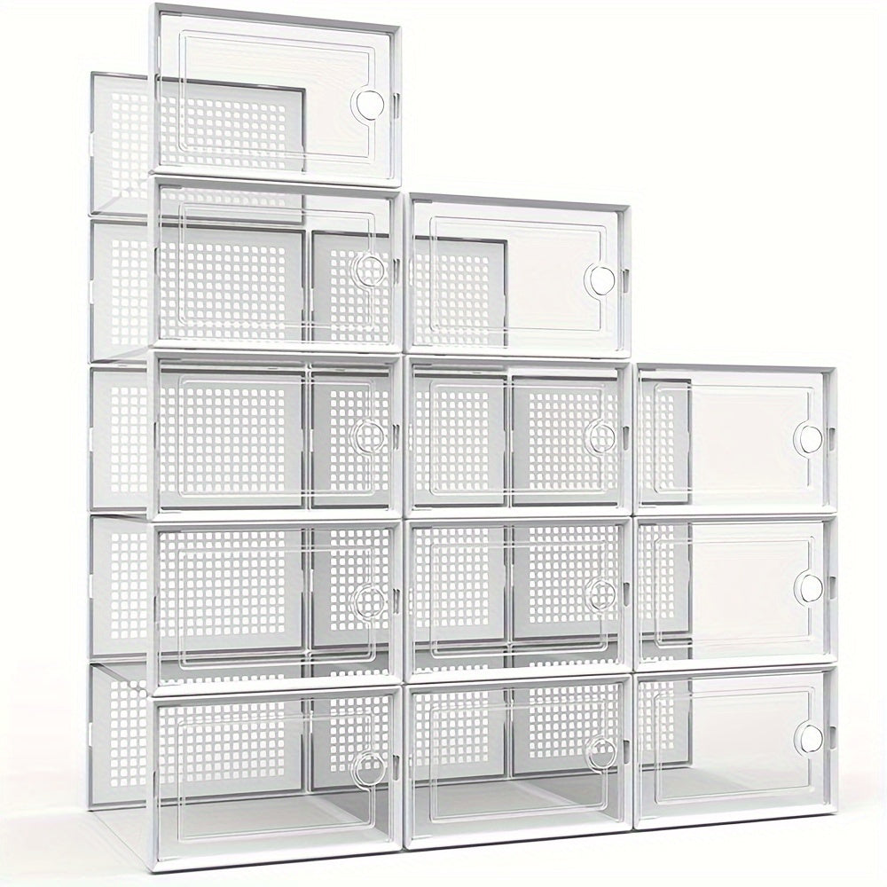 Shoe Organizer, 12/ 24Pack Clear Plastic Stackable Shoe Organizer For Closet, Interlocking Design Shoe Container For Sneakers, Collapsible Shoe Rack With Lid(Black, White, Gray)