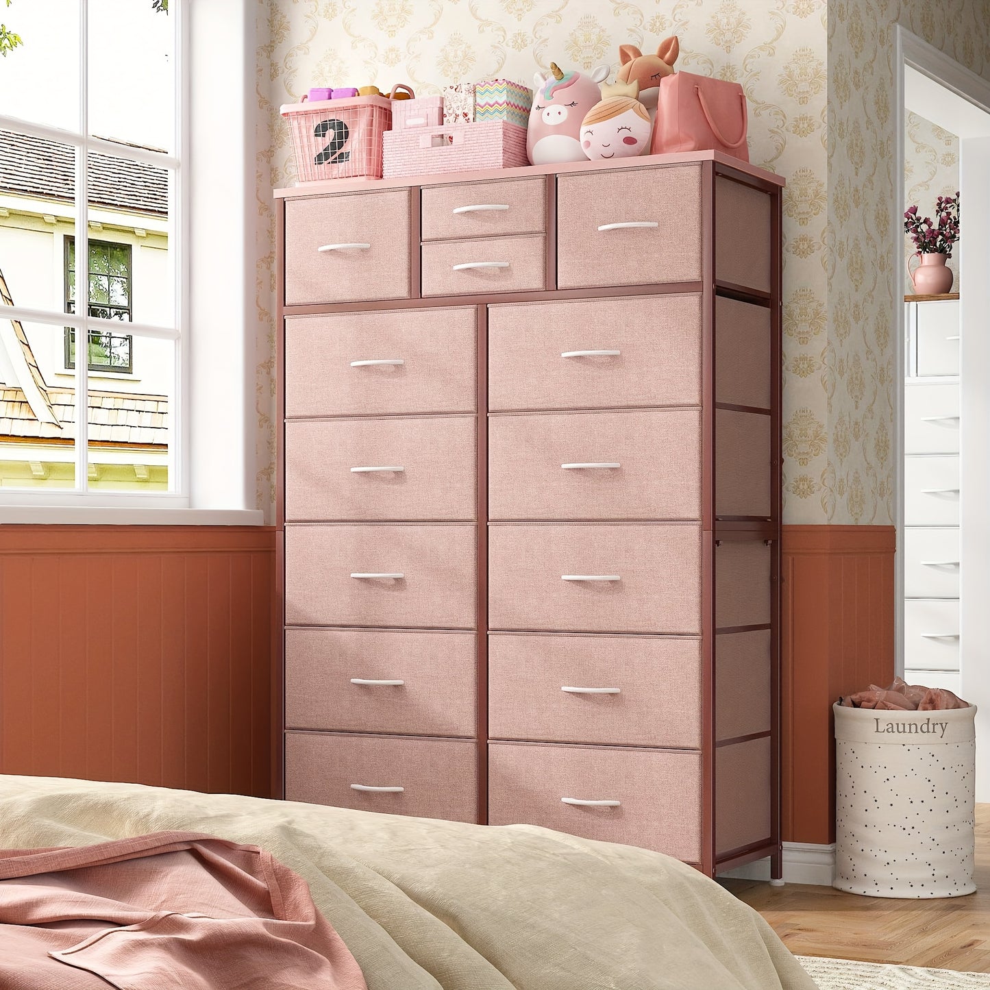 [Fabric Dresser For Bedroom] Pink/NeutralGrey/White/ Rustic Brown/Black Dresser, Tall Dresser, Large Bedroom Dressers & Chests Of Drawers With Sturdy Metal Frame And Wooden Top, Fabric Dresser For Bedroom, Closet, Living Room, Hallway