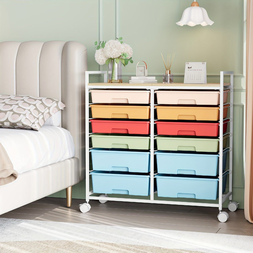 12 Drawer Rolling Storage Cart with Tabletop & Locking Wheels - Mobile Organizer Cabinet for Craft Room, Home Office, Classroom & Art Studio | 8 Small + 4 Large Drawers, Metal Frame | White Rainbow Green