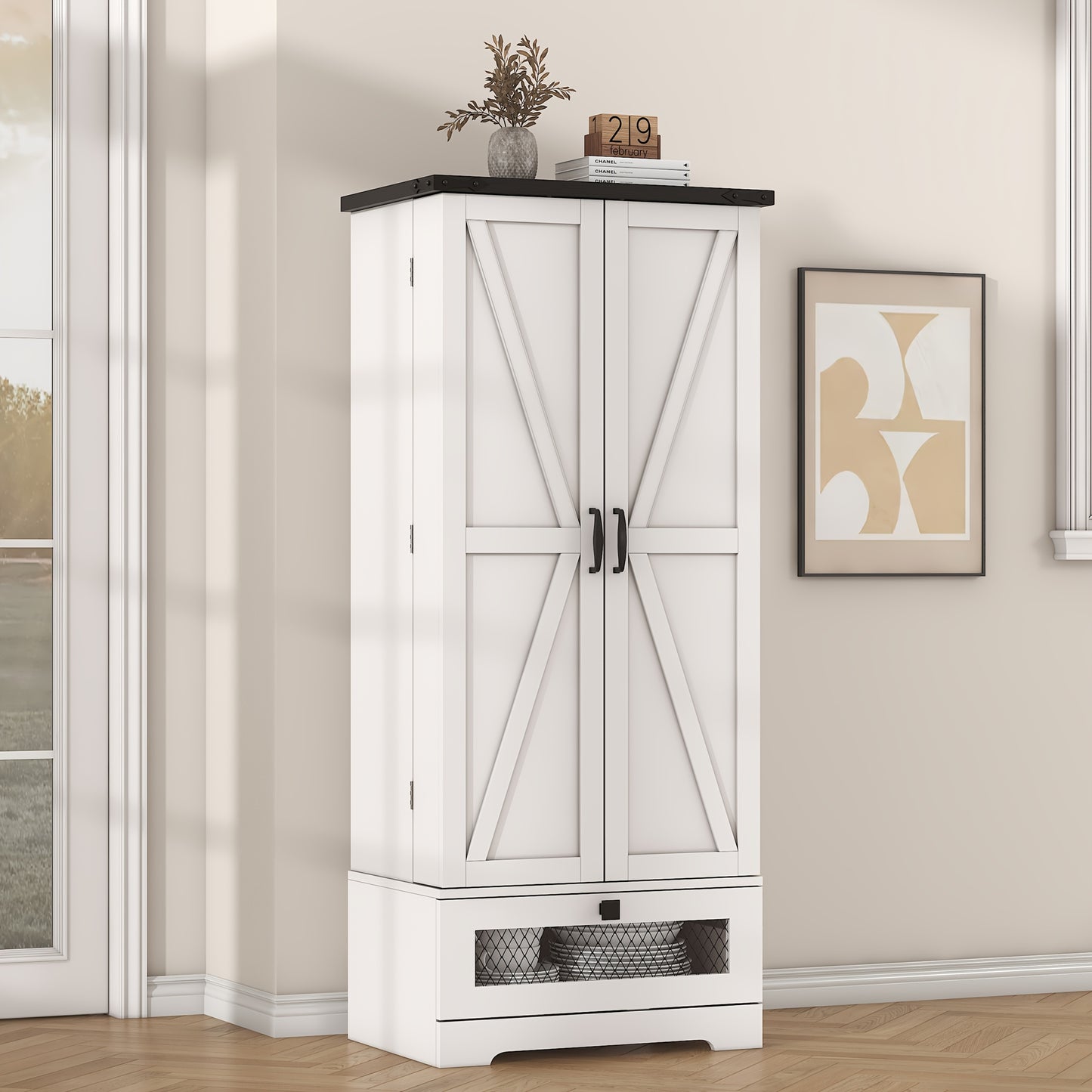 55'' Pantry Cabinet, Kitchen Pantry Storage Cabinet With Adjustable Shelves And Drawer, Wooden Kitchen Storage Cabinet, Buffet Cupboards Cabinet For Kitchen, Living Room, Bathroom, Dining Room