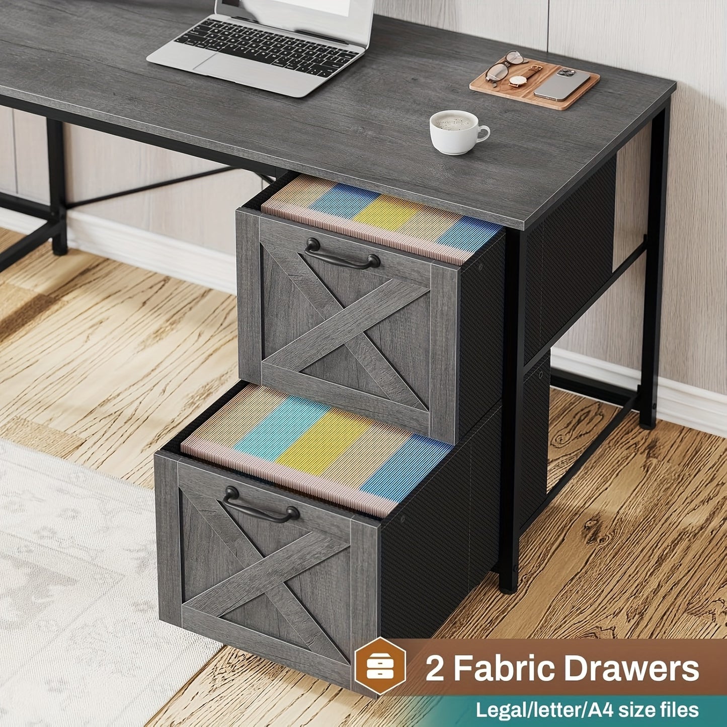 L-shaped Desk with Drawers, 62.2-inch Home Office Desk Featuring Fabric File Drawers and Power Outlets, L-shaped Desk with Storage Cabinet, Storage Shelf, LED Light