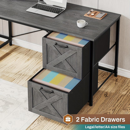L-shaped Desk with Drawers, 62.2-inch Home Office Desk Featuring Fabric File Drawers and Power Outlets, L-shaped Desk with Storage Cabinet, Storage Shelf, LED Light