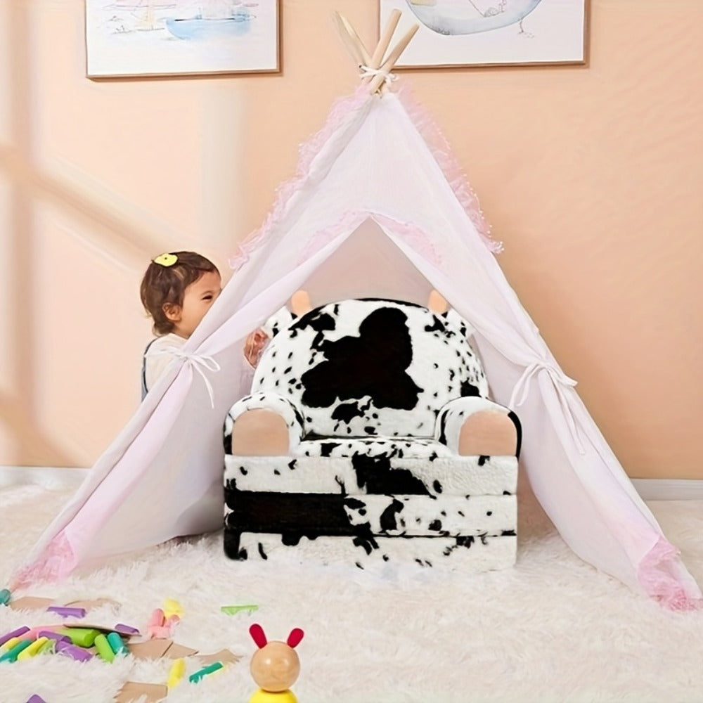 Kids Foldable Sofa Chair, Soft Plush Milk Cow Pattern 2-in-1 Flip Open Children's Lounger, Removable Washable Cover, Lightweight Comfy Animal Chair for Boys & Girls Reading Nook
