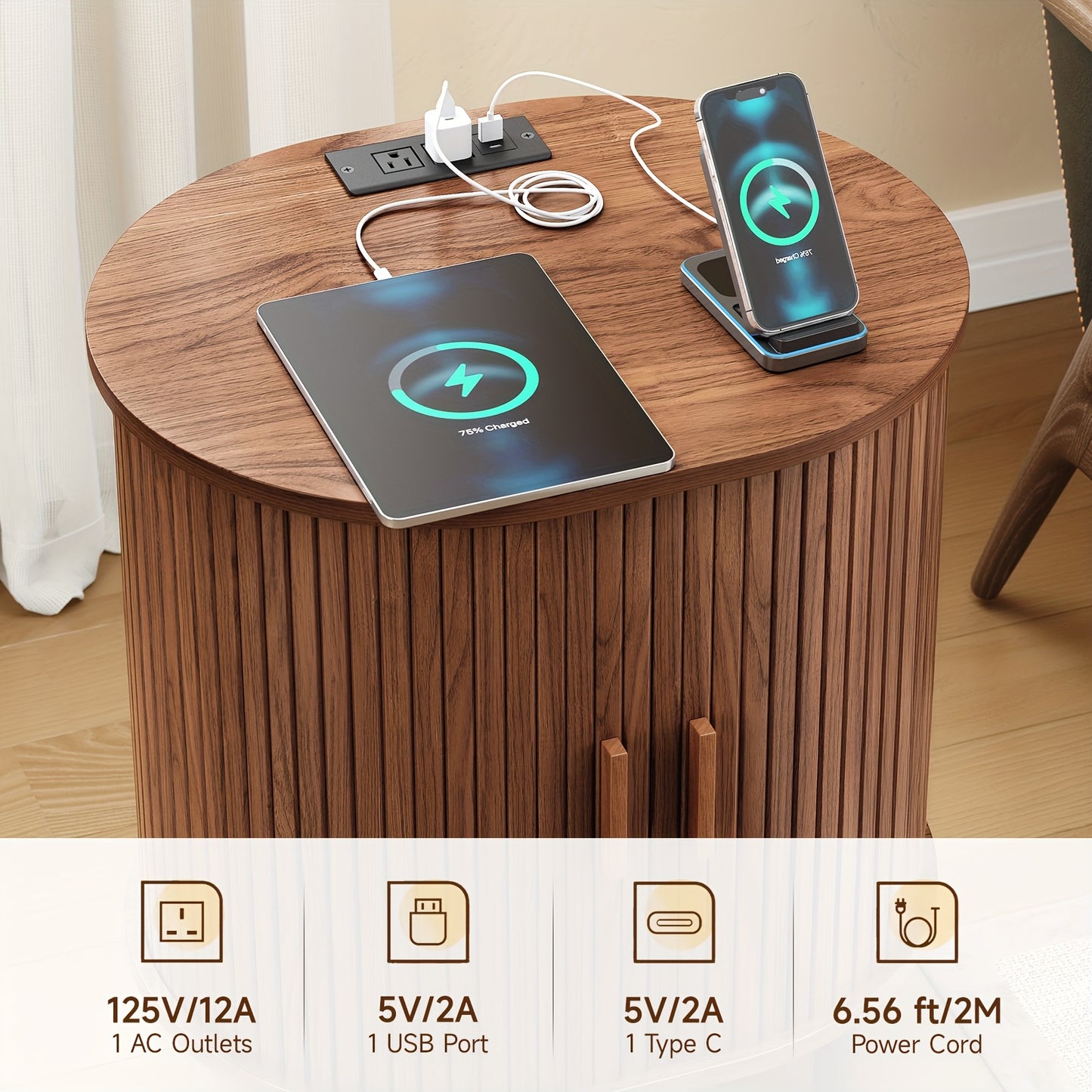 PAZCASA Oval End Table with Storage & Charging Station, Wood Accent Side Table with Sliding Door & Adjustable Shelf/Leg Pad, Mid Century-Modern Nightstand for Small Space, Living Room, Bedroom, 1pc/2pcs, Walnut/Black/Natural White/Oak