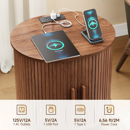 PAZCASA Oval End Table with Storage & Charging Station, Wood Accent Side Table with Sliding Door & Adjustable Shelf/Leg Pad, Mid Century-Modern Nightstand for Small Space, Living Room, Bedroom, 1pc/2pcs, Walnut/Black/Natural White/Oak