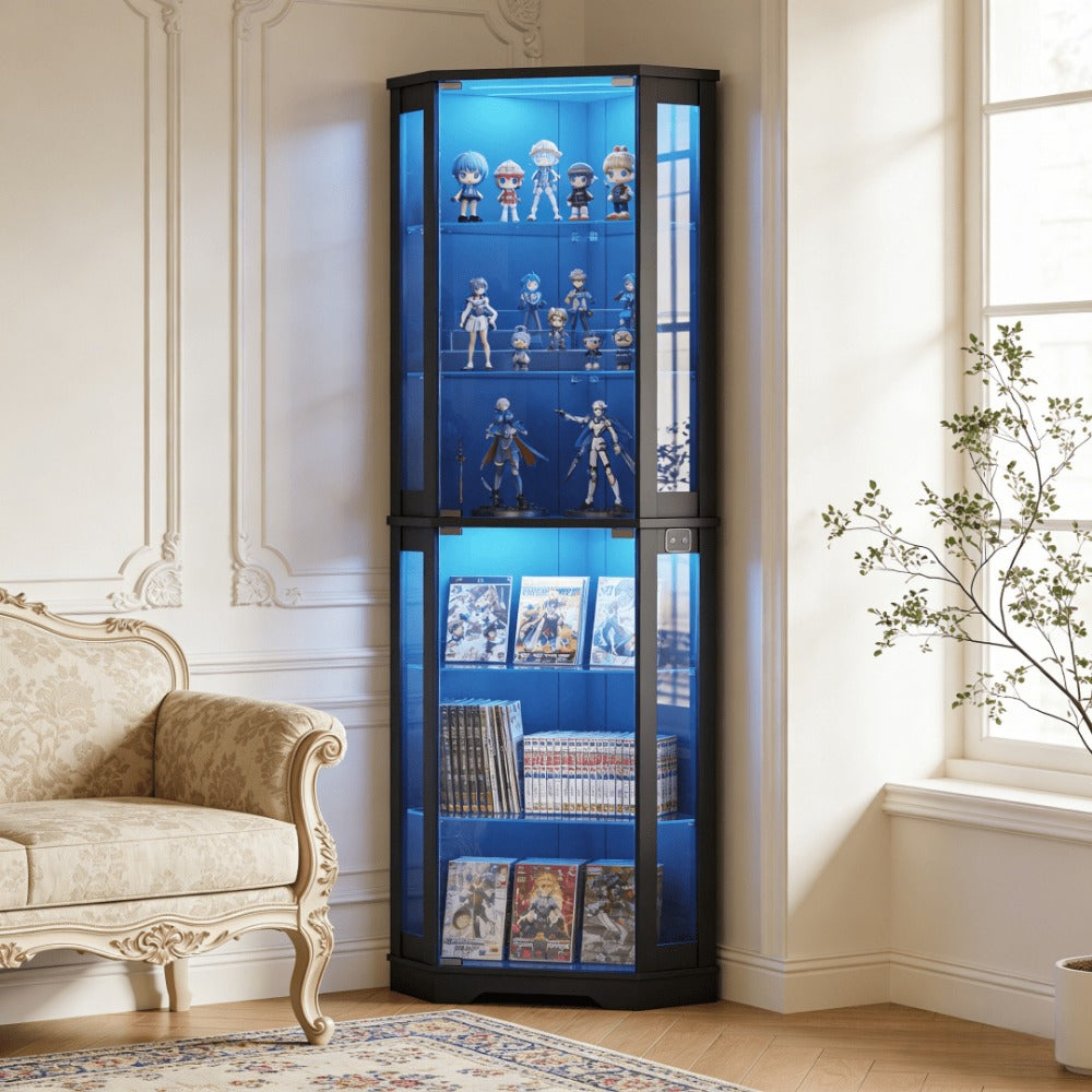 Corner Display Cabinet 6 Tier with 3-Color LED Light & Motion Sensor, Glass Storage Cabinet for Figurines Books Vinyl Records, Living Room Bedroom Game Room Organizer Black