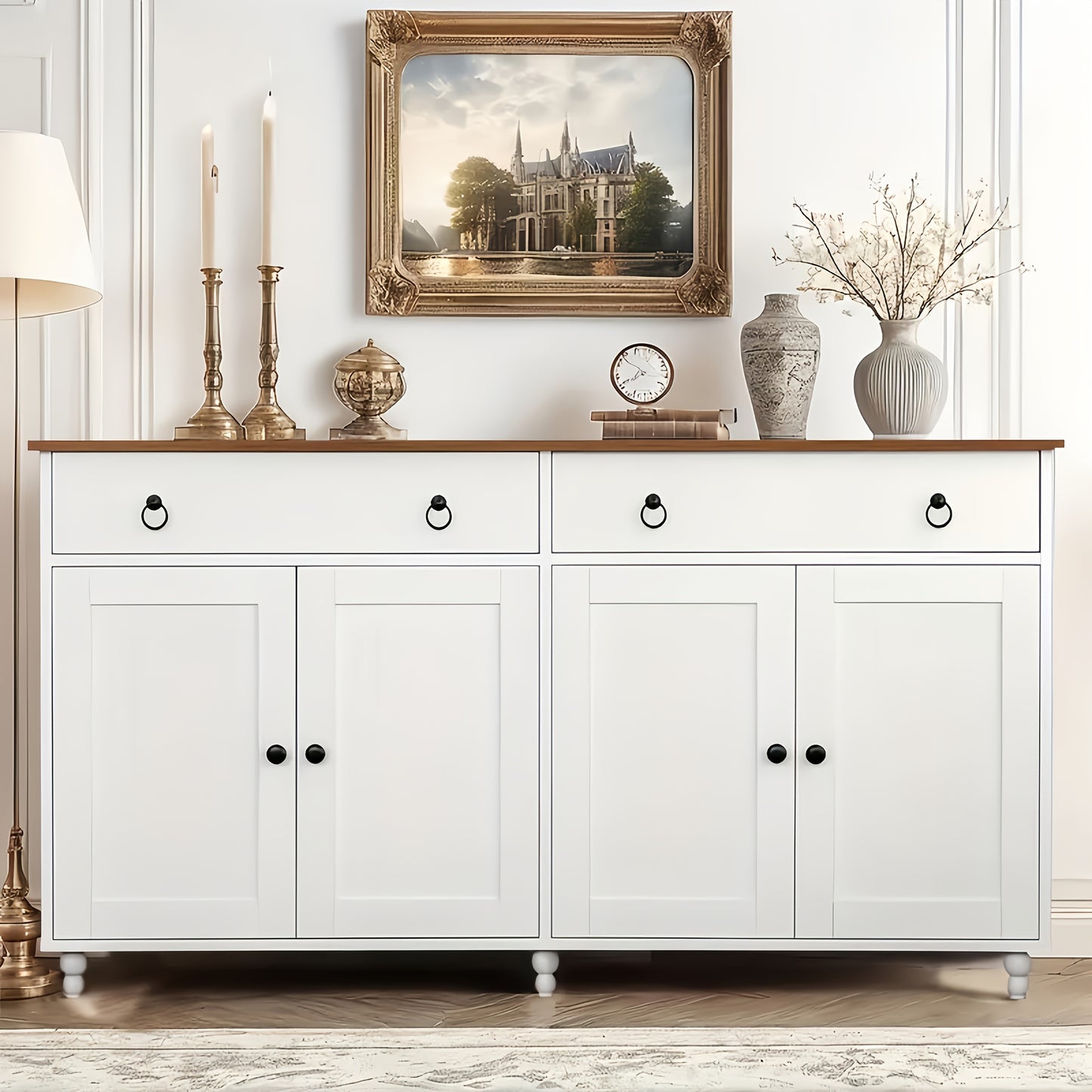 55-Inch Sideboard Buffet Unit, Mid-Century Kitchen Storage Cabinet Featuring 2 Drawers And 4 Doors, Coffee Bar Storage Cabinet