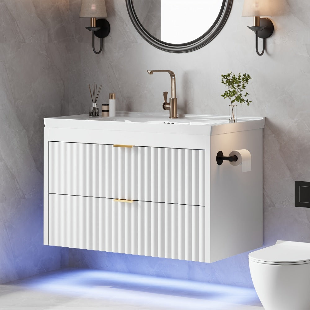 24" 2pcs/1pc Bathroom Vanity with Sink, 24" Floating Bathroom Vanity with LED, 24" with 3-Hole Ceramic Vanity Sink, Wave Line Design, 2pcs Soft-Close Drawers, Wall-Mounted Cabinet for Small Spaces, Black/White