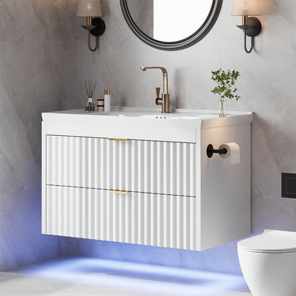 24" 2pcs/1pc Bathroom Vanity with Sink, 24" Floating Bathroom Vanity with LED, 24" with 3-Hole Ceramic Vanity Sink, Wave Line Design, 2pcs Soft-Close Drawers, Wall-Mounted Cabinet for Small Spaces, Black/White