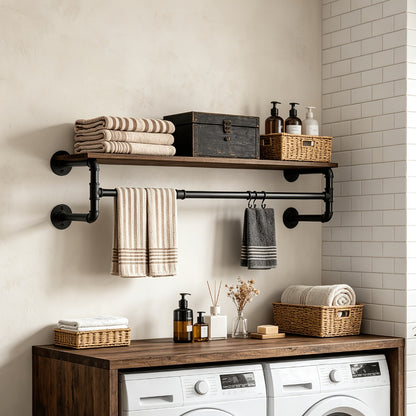 Wall Mounted Industrial Pipe Clothes Rack with Top Wood Shelf and 3 Hooks 66 Lb Capacity Heavy Duty Garment Rack for Bedroom Closet Entryway 39.3 Inch