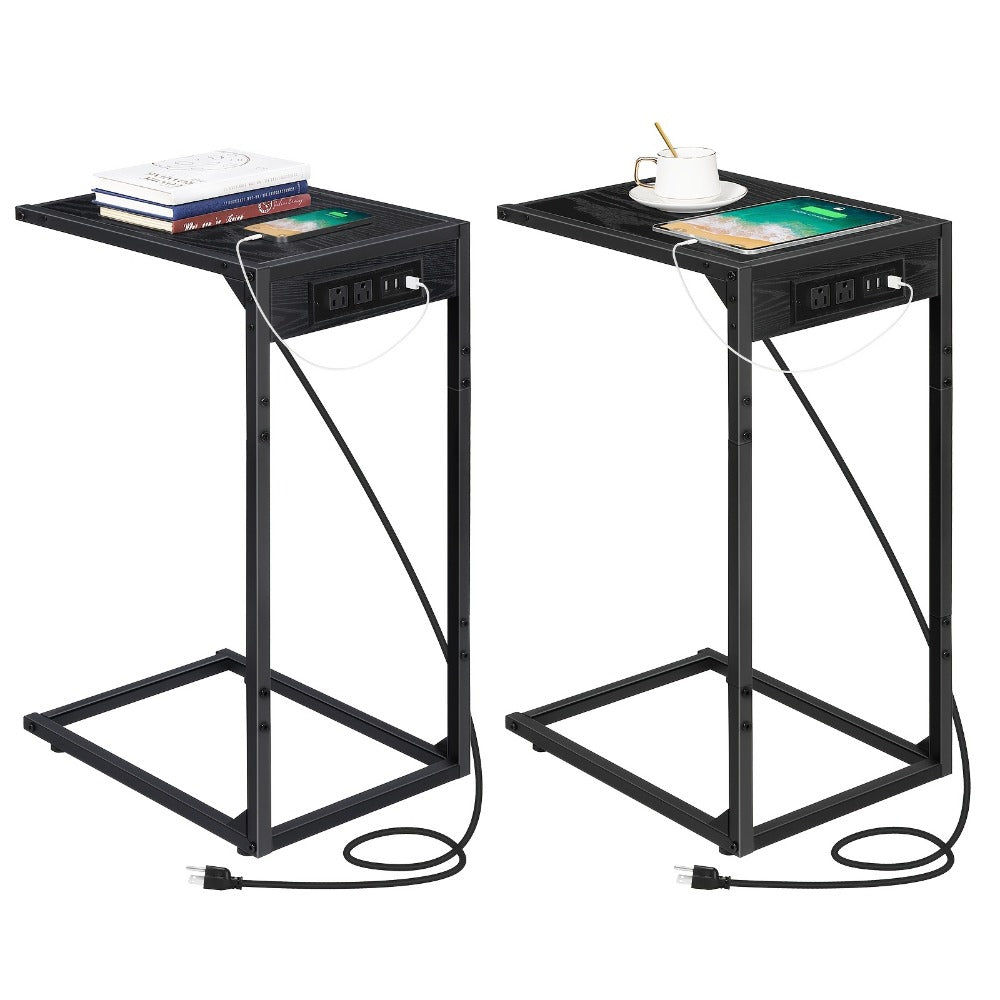 C Shaped End Table Slides Under Sofa, 50 LBS Capacity Snack Side Table for Living Room Bedroom, Multifunctional Sofa Table with Optional Charging Station & Storage Bag, 1pc or 2pcs Set