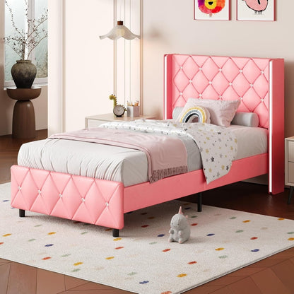 Diamond Tufted Bed Frame with Wingback Headboard & Silvery Side Wings – Upholstered, No Box Spring, Twin Full Queen King, 6 Colors