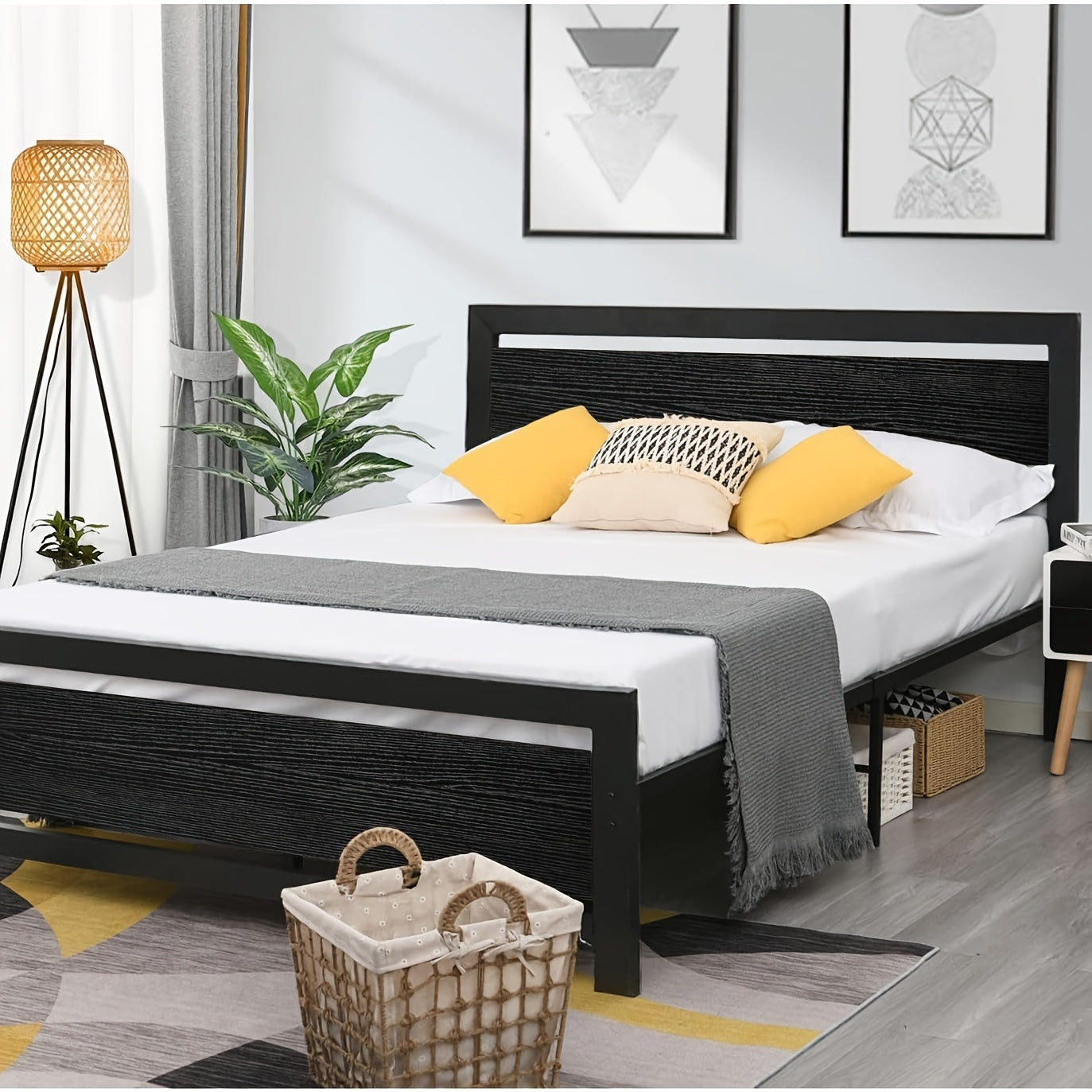 Metal Bed Frame Twin Full Queen Size Metal Bed Frame with Headboard, Wooden Steel Slat Support, Heavy Duty Platform, Under-Bed Storage, Available In White, Black, Brown, Grey