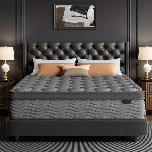 [Hybrid Mattress] 8/10/12 Inch Mattress In Twin, Full, Queen, And King Sizes - Ergonomically Designed, Medium Firm Hybrid Mattress, Offering Luxurious Comfort With Pocket Springs, Grey Quilted Cover, Bed Mattresses