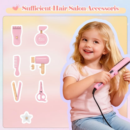 Kids Vanity Set with Light and Barber Chair, Pink Makeup Dressing Vanity Table with Storage Shelf and Hair Salon Play Set 7pcs Accessories, Pretend Play Vanity Set for Toddler Girls