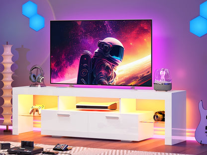 71" High Gloss White TV Stand with LED Lights for 55/65/75/80 Inch TVs, Gaming Entertainment Center with Cabinet for PS5, Modern Media Console Table with Glass Shelves for Living Room, Game Room, Bedroom