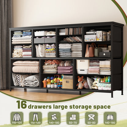 [16 Drawers Storage Cabinet] Fabric Drawer Storage Cabinet, 16 Drawers, Long, Black Wood Grain/White/Tiger Stripe/Medium Gray