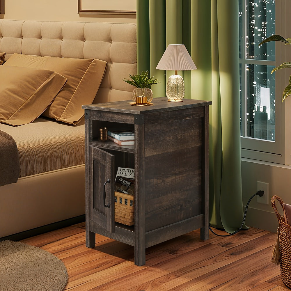 End Table with Charging Station USB Ports & Outlets | Farmhouse Nightstand with Storage for Small Spaces, Narrow Side Table for Living Room & Bedroom | Espresso, White, Brown, Greige
