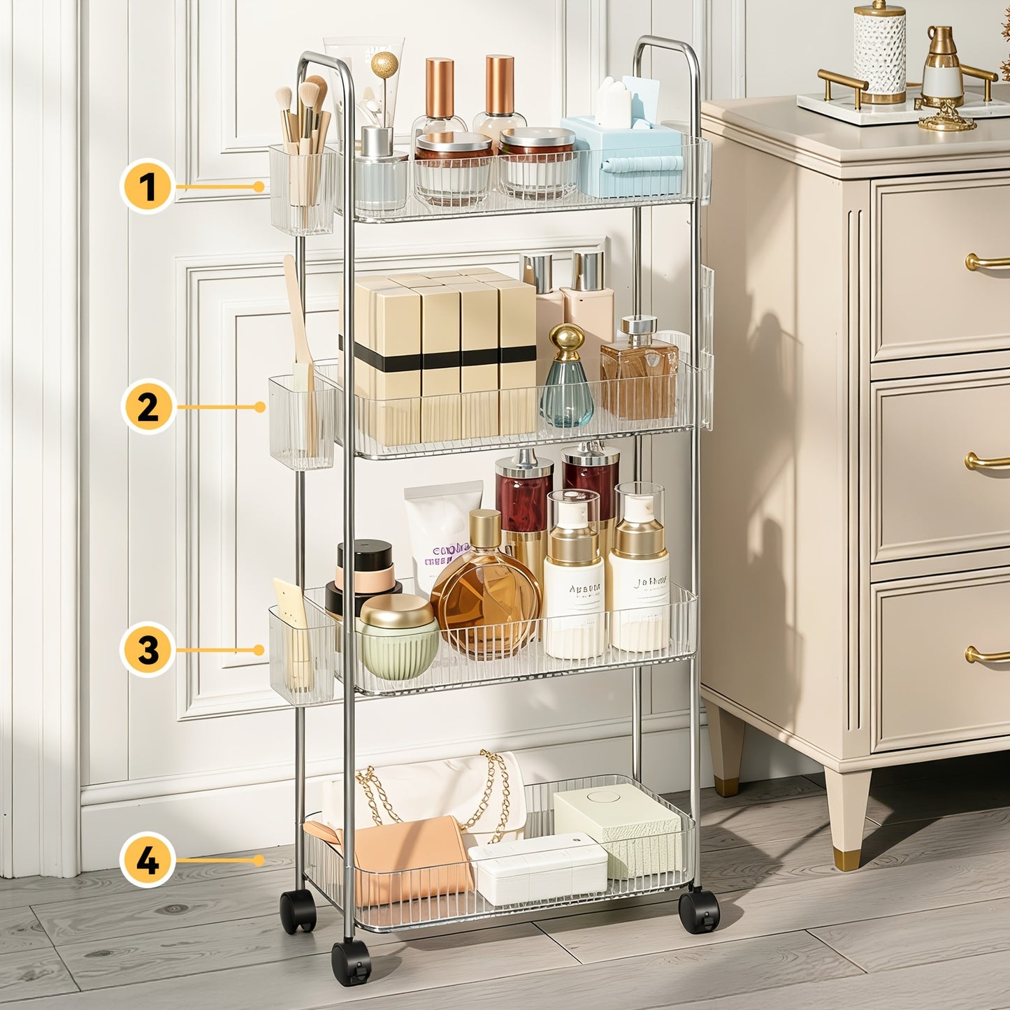 3-Tier Acrylic Rolling Storage Cart with 3 Hanging Storage Boxes, Rolling Cart for Cosmetics, Books, Snacks, Durable Acrylic Material, Under 27" Height, Versatile Bathroom Cart, Utility Carts, Snack Cart, Acrylic Bar Cart