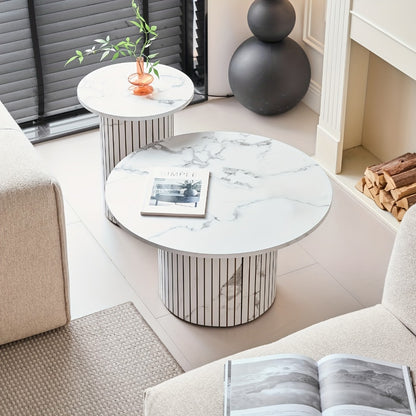 Round Nesting Coffee Tables Set of 2 - Boho Fluted Drum Side Table with Wood Grain Tabletop for Living Room, Bedroom & Apartment