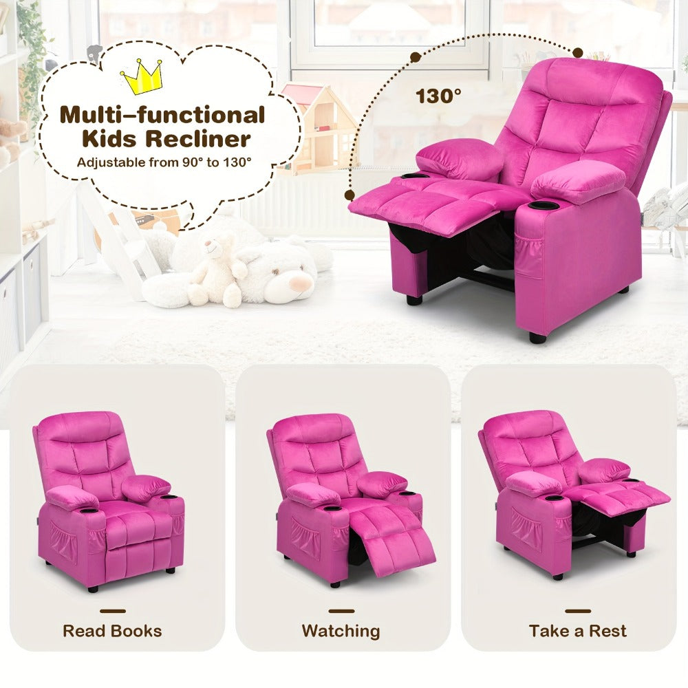 Girls' Pink Velvet Recliner Chair with Cup Holder & Storage Pocket - Heavy-Duty 300lb Capacity, Ergonomic Backrest & Armrests, Manual Recliner with Safety Belt - Modern Soft Cushioned Lounge Chair for Kids & Teens, Easy Assembly, Ideal for Bedroom, Living