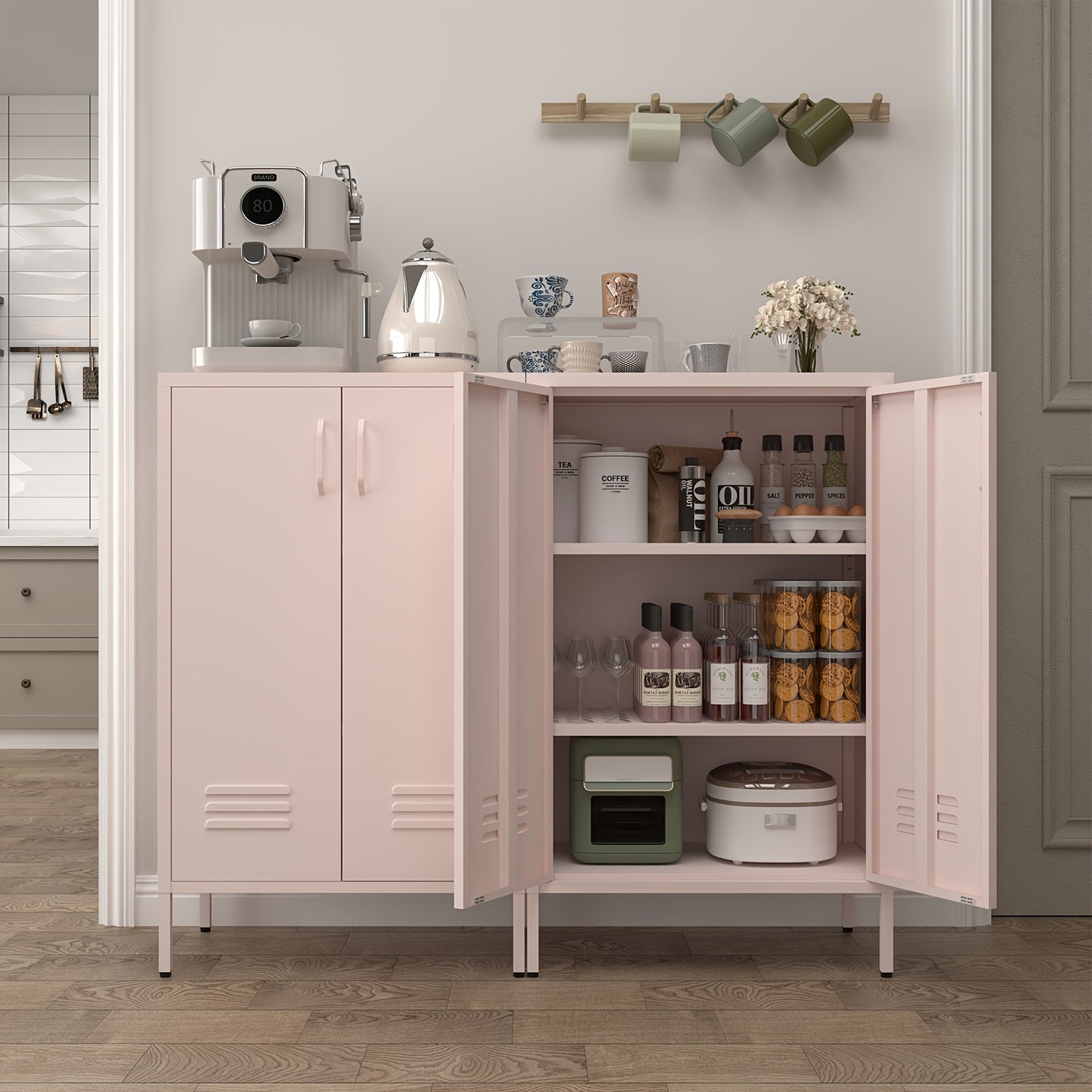Metal Locker Storage Cabinet, Black Accent, Pantry Cabinet with Doors, Locker for Living Room, Kitchen, Office