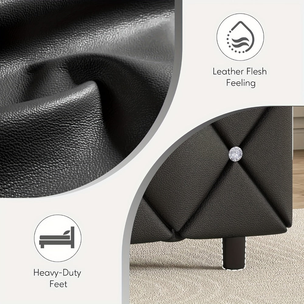 Upholstered Bed Frame with Diamond Tufted Headboard, Faux Leather Headboard and Footboard, Wooden Slat Support, No Box Spring Needed, Easy Assembly, Twin Full Queen King, Black