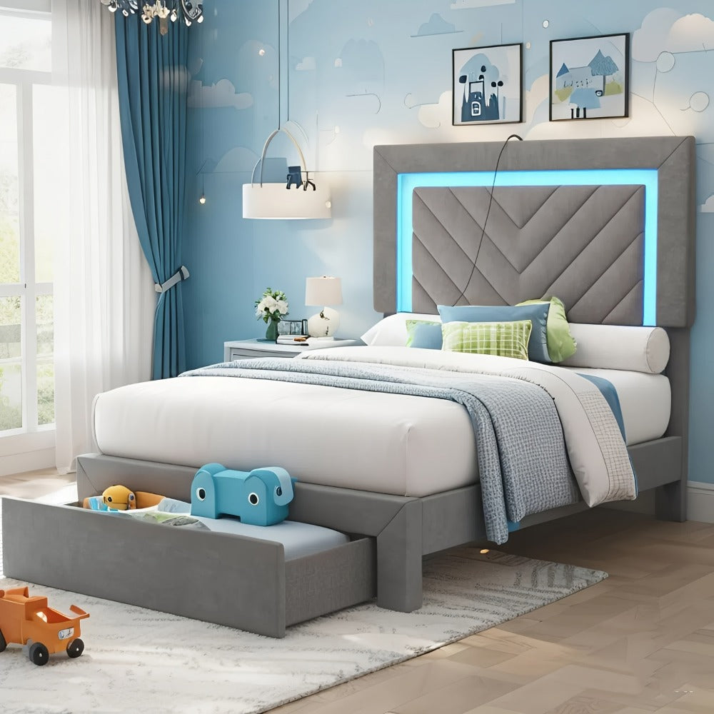 Upholstered Platform Bed Frame with LED Adjustable Headboard, Storage Drawers and Charging Station, No Box Spring Needed, Noise Free, Twin Full Queen, Off White Grey