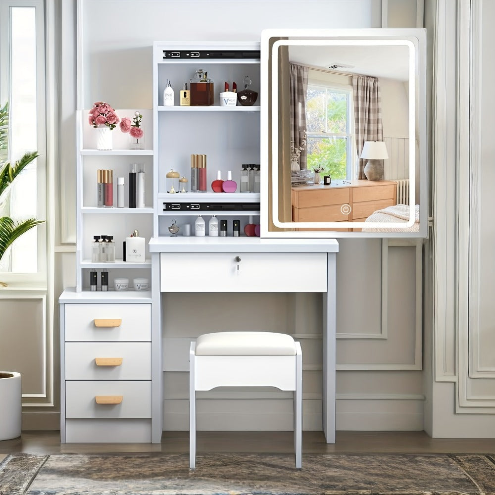 Vanity Dressing Table with Sliding Mirror & Cushioned Stool | 4 Drawers, 3 Shelves, Mirror Cabinet, White Bedroom Makeup Desk for Small Spaces