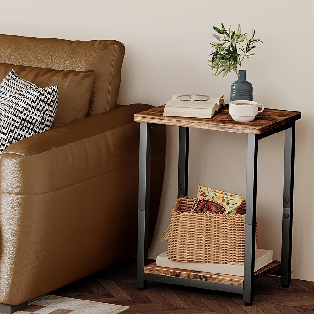Rustic 2-Tier Side Table Set of 2 – Brown & Black Small End Table with Storage Shelves, Sofa Table Nightstand for Living Room Bedroom Office