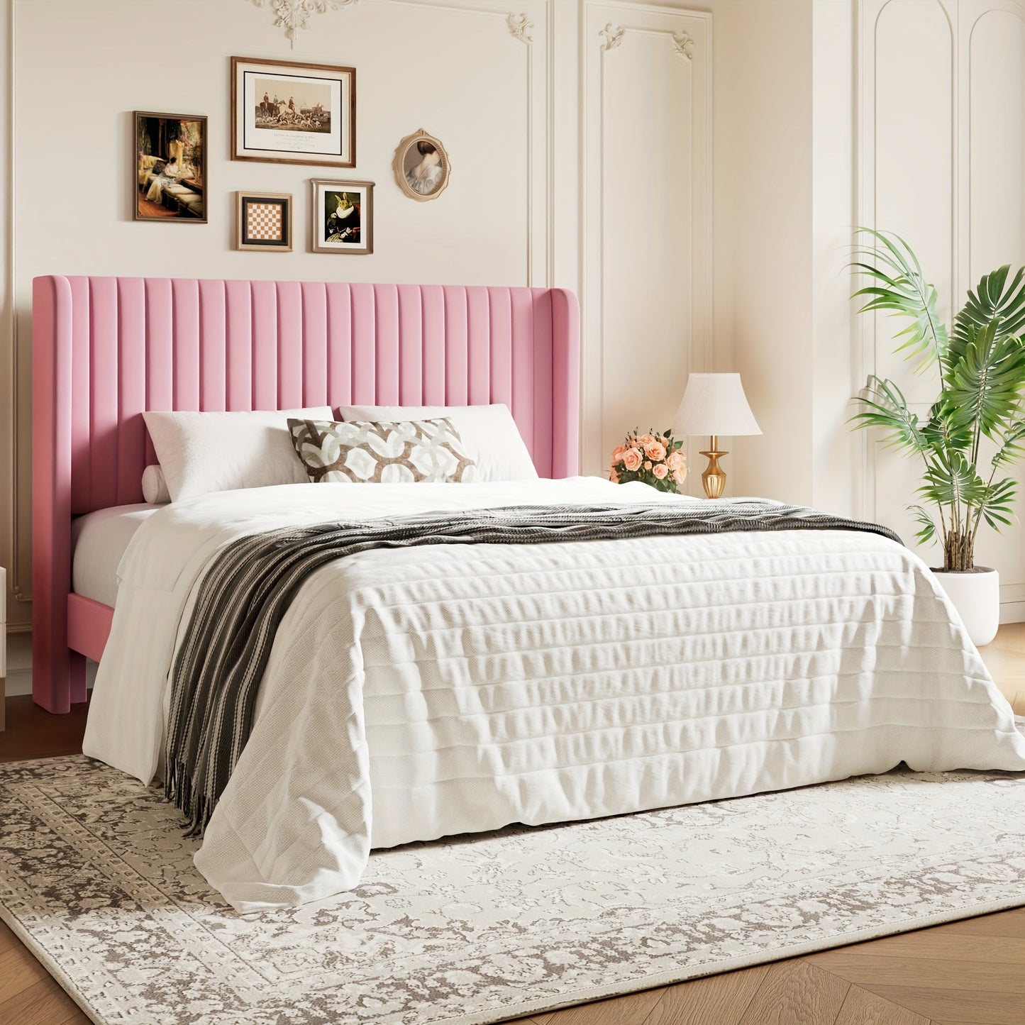 [Velvet Platform Bed Frame] WEEWAY Wingback Velvet Upholstered Platform Bed Frame, Vertical Channel Tufted Headboard, Wooden Slats Support, Heavy Duty Mattress Foundation, No Box Spring Needed, Easy Assembly, Avabliable Full/Queen/King Size, Free Shipping