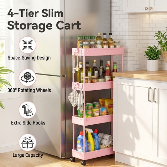 4 Tier Slim Rolling Storage Cart with Wheels, Kitchen Organizer Utility Cart, Utility Cart, 4-Wheel Space-Saving Mobile Organizer, Mobile Shelving Unit Tower Rack, for Narrow Space On Kitchen Bathroom Laundry Room Bedroom Apartments Dormitory