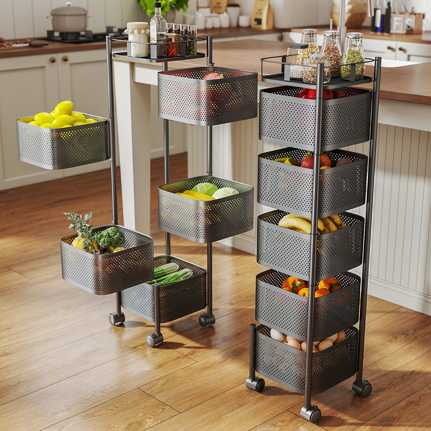 Rotating Kitchen Storage Shelf 5 Tier, Metal Fruit Vegetable Storage Basket Multi-Layer Vegetable Rack Storage Trolley on Wheels, Floor-Standing Basket for Kitchen Bathroom, Square
