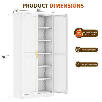 Metal Storage Pantry Cabinet 75" with Two Doors | Tall Freestanding Kitchen Storage Cabinet for Pantry, Garage, Laundry Room & Office | Adjustable Shelves | White, Black or Green