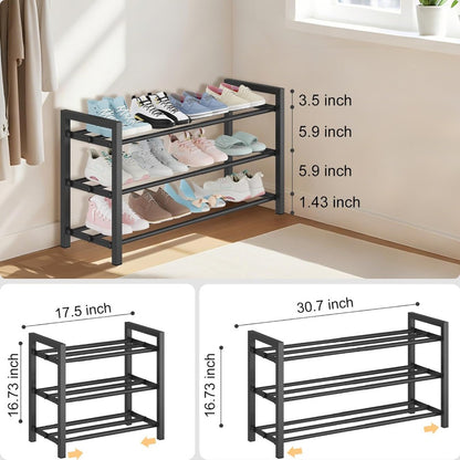 Expandable Shoe Rack 2 3 4 Tier Adjustable Metal Shoe Organizer - Heavy Duty Freestanding Shoe Shelf for Closet, Entryway, Mudroom, Bedroom & Garage | Space Saving Black Shoe Storage