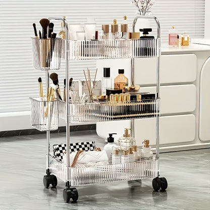 3/4 Tier Rolling Storage Cart with Hanging Storage Boxes, Multifunctional Utility Cart, Acrylic Material & Modern Minimalist Transparent Design, Alloy Frame Handle & 360° Rotating Silent Roller, Snack Cart for Dorm, Bathroom, Bar, Kitchen