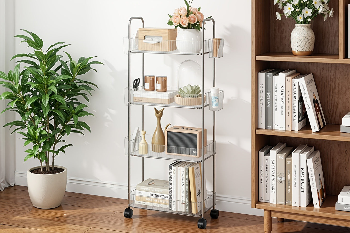 3-Tier Acrylic Rolling Storage Cart with 3 Hanging Boxes - Rolling Bathroom Cart for Cosmetics, Skincare & Snacks, 360° Wheels, Slim Utility Cart Under 27" Height