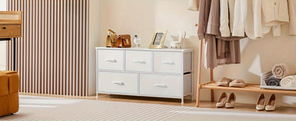 5-Drawer Dresser with Fabric Drawers & Cabinet Suitable for Bedroom, Room with Plastic Frame & Top, Low Chest Organizer Unit with Removable Bins, Space-Saving Furniture for Closet,, Hallway, Assembly