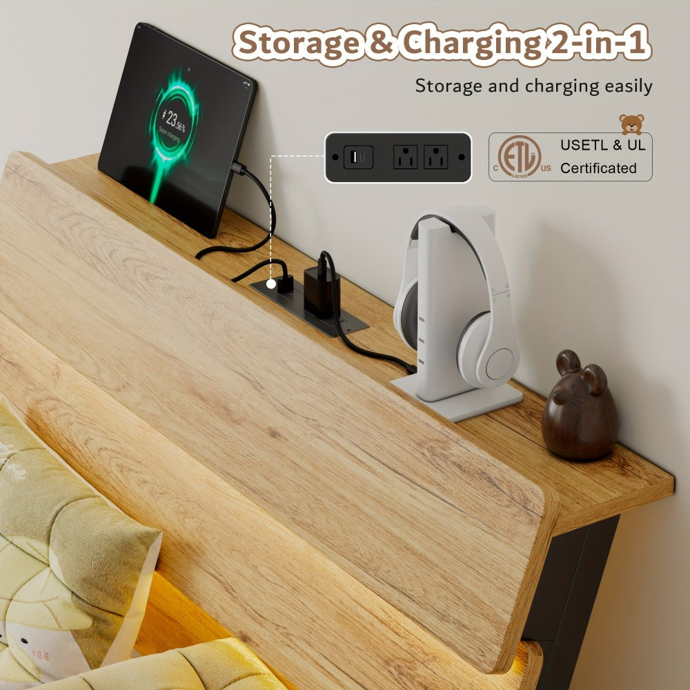 Floating Bed Frame with LED Lights Built-In Charging Station Wooden Headboard Heavy-Duty Metal Support Easy Assembly Bedroom Furniture