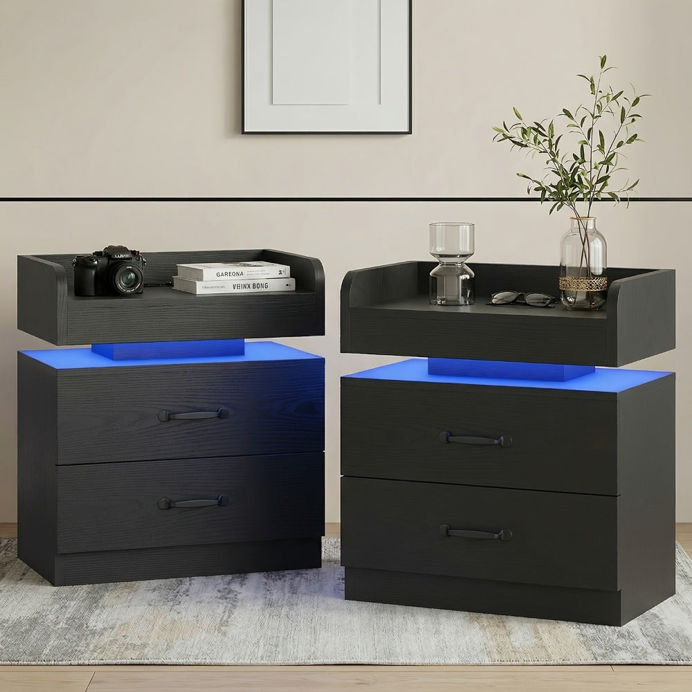 Nightstand with LED Lights & Charging Station – 2 Drawers Bedside Table, Modern End Table for Bedroom Living Room, White Black Grey, 1pc or 2pcs Set