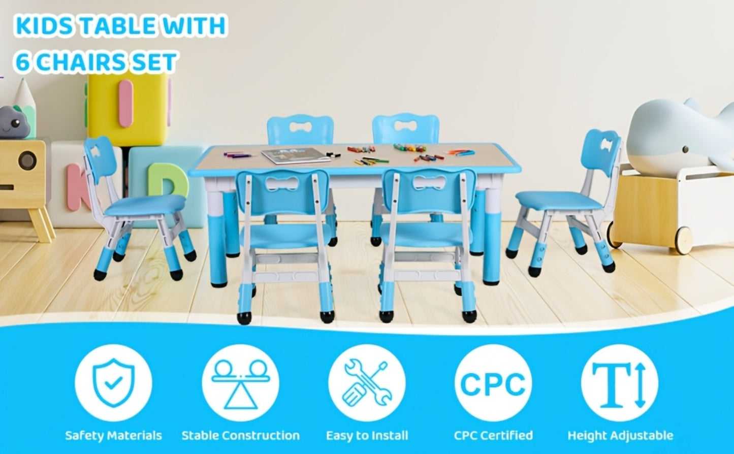 Adjustable Tables And 6 Chair Suits, Game Activity Table Sets With Graffiti Desktop, Preschool Table For Reading, Drawing, Eating, For Boys And Girls Halloween Christmas Gifts