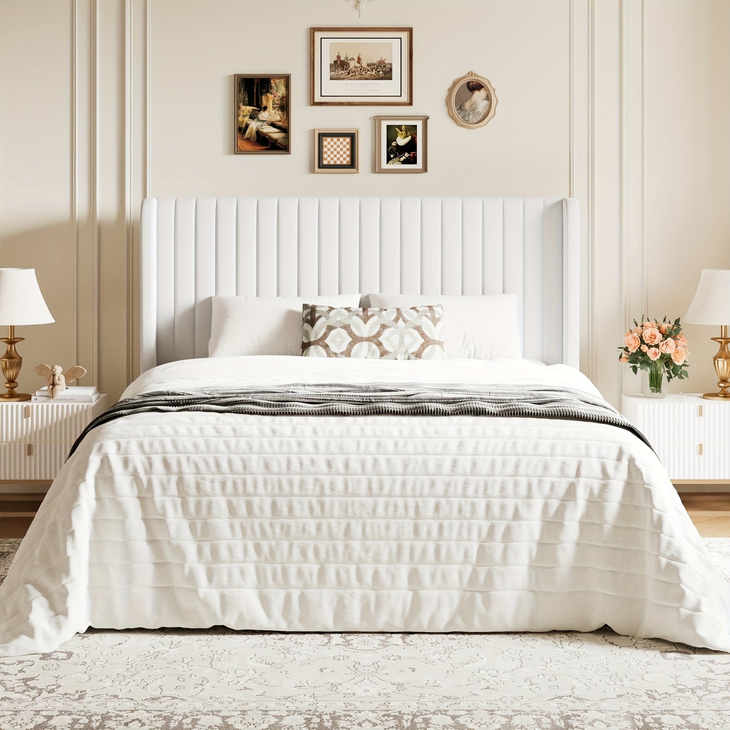 [Velvet Platform Bed Frame] WEEWAY Wingback Velvet Upholstered Platform Bed Frame, Vertical Channel Tufted Headboard, Wooden Slats Support, Heavy Duty Mattress Foundation, No Box Spring Needed, Easy Assembly, Avabliable Full/Queen/King Size, Free Shipping