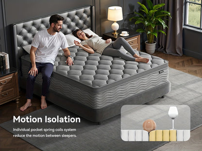 [Hybrid Mattress] 8/10/12 Inch Mattress In Twin, Full, Queen, And King Sizes - Ergonomically Designed, Medium Firm Hybrid Mattress, Offering Luxurious Comfort With Pocket Springs, Grey Quilted Cover, Bed Mattresses